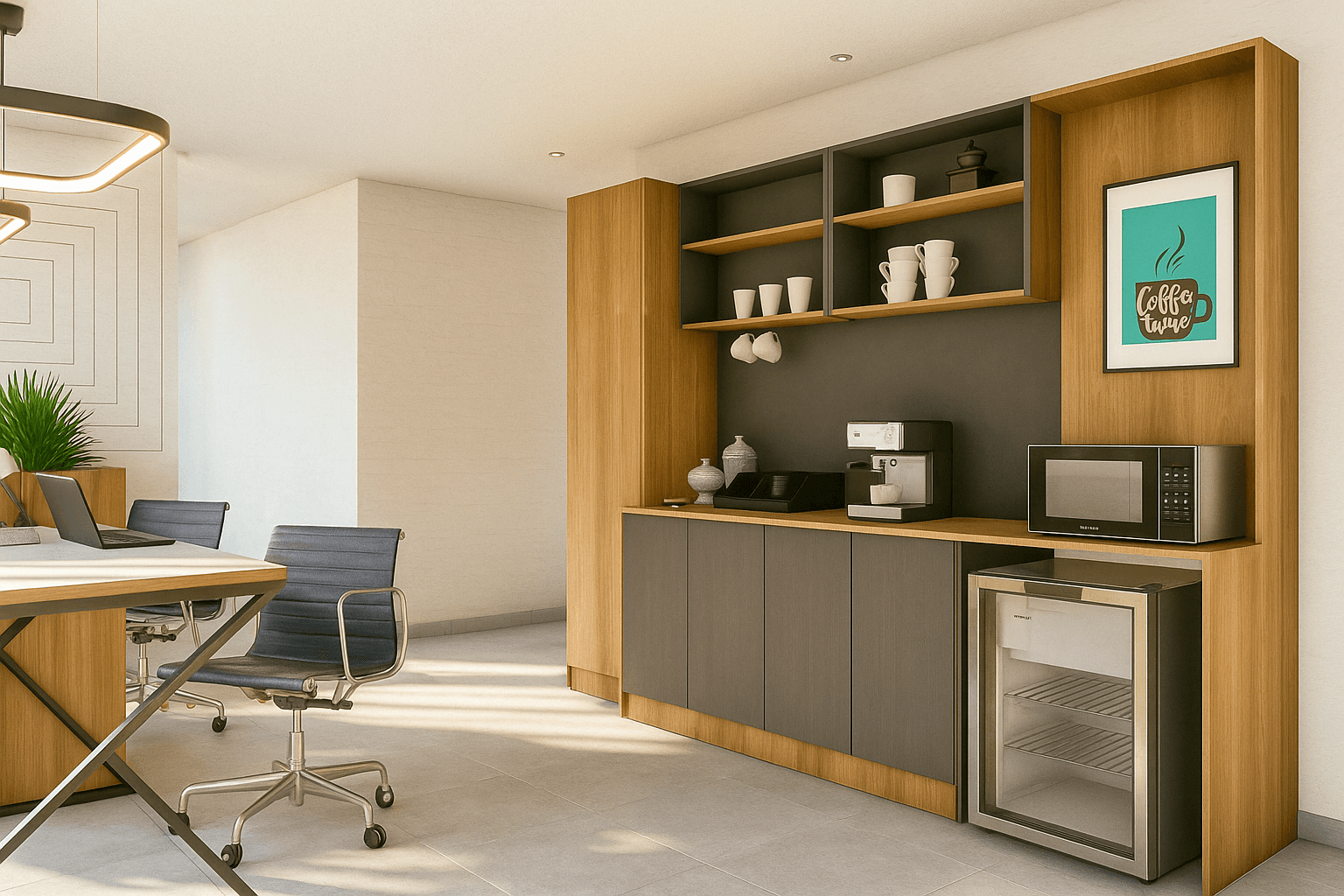 Área de café y trabajo